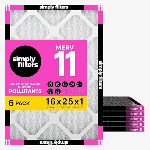 Simply 16x25x1 Air Filter MERV 11, 6 Pack, Actual Size 15.75"x24.75"x0.75" - Dust, Pet & Allergy Control