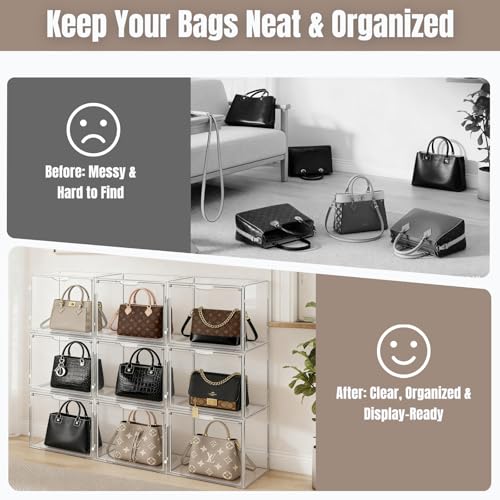 9 Pack Acrylic Purse Storage Organizer for Closet - Stackable, Clear Display Case, Magnetic Door, 14.2 x 8.7 x 10.6 Inches - Cutora