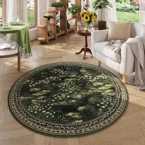 6ft Round Washable Vintage Impressionist-Style Area Rug - Green - Rugcomf