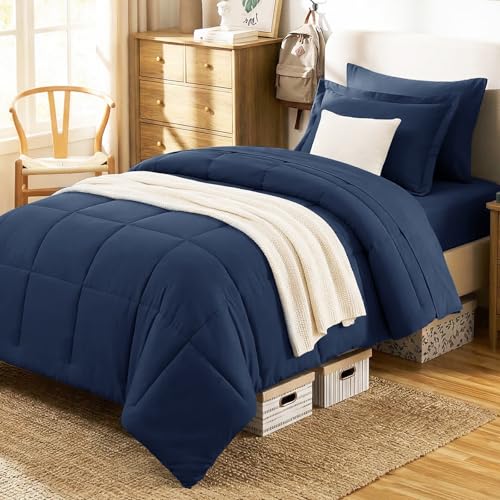 Twin XL Comforter Set Navy Blue 5-Piece Bed in a Bag - CozyLux