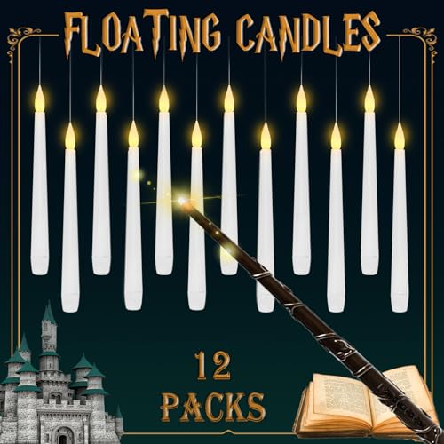 White 12-Pack Floating Candles with Wand Remote - Flameless LED Taper Candles for Holiday & Party Decor