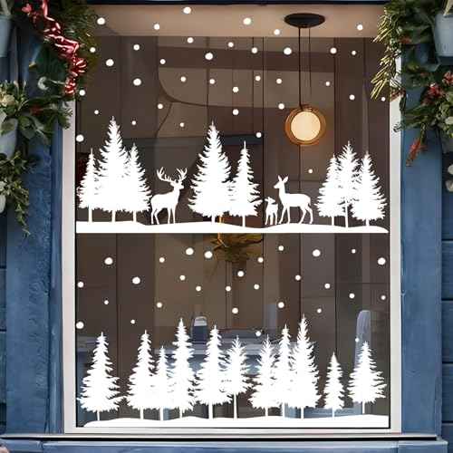 9sheets Christmas Window Clings Snowy Forest Trees Reindeer Reusable Double-Sided White Winter Christmas Static Clings for Windows Holiday Decor for Shop Home