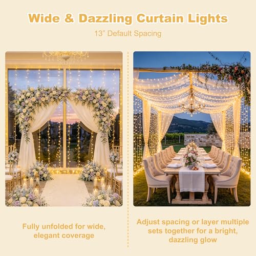 Warm White 600 LED Curtain String Lights 9.5ft x 19.6ft for Bedroom & Events