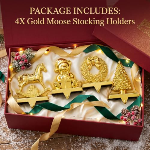 MERRI GLOW Horse Christmas Stocking Holders Set of 4 Gold Holiday Decor