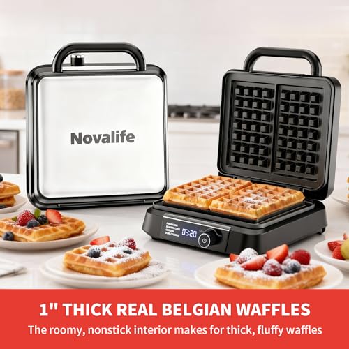 Novalife Sliver 1400W Belgian Waffle Maker with Adjustable Browning & Nonstick Plates