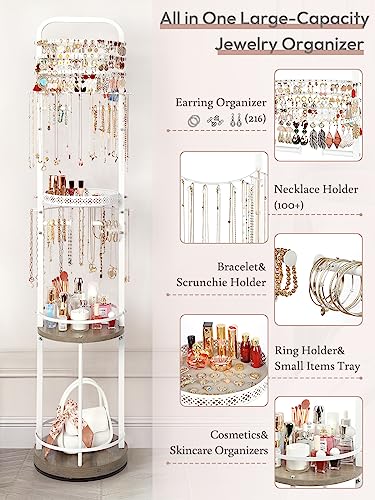 White Large Rotating Jewelry Tree & Organizer Stand with Earrings & Necklace Storage