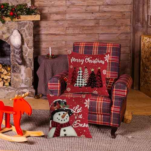 TAJWE Christmas Pillow Covers 18x18 Set of 2 Let it Snow Snowman Christmas Trees Xmas Throw Lumbar Cushion Cases for Couch Sofa Home Decorations