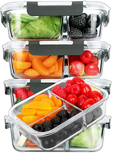 Gray 5 Pack 36oz Borosilicate Glass Meal Prep Containers with 3 Compartments & Airtight Lids