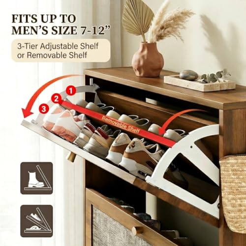 Nicetree Caramel Walnut Rattan Shoe Cabinet with 2 Flip Drawers, Slim Entryway Organizer