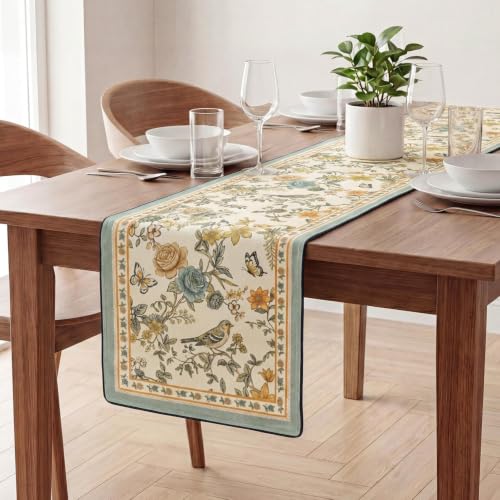 Artoid Mode Beige Floral Bird Rustic Vintage Table Runner 13x72 Inch for Dining