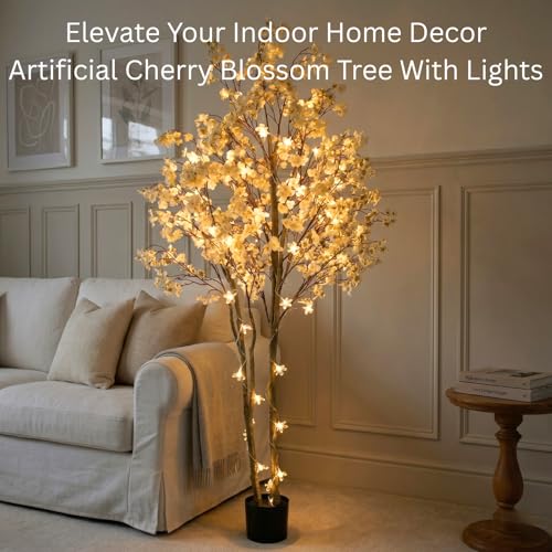 RyddeligHome White Artificial Cherry Blossom Tree with Lights - 6ft Indoor Decor