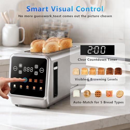 SAKAMOSH Silver 4-Slice Touch Screen Toaster with Wide Slots & Memory Function