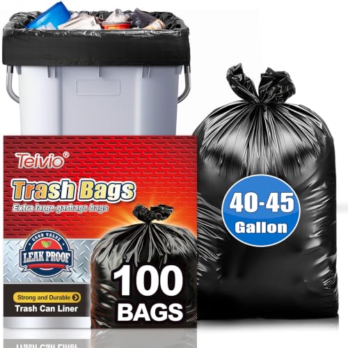 Teivio 100 Pack Black 40-45 Gallon Trash Bags | Large Garbage Bags for 39-45 Gal Bins