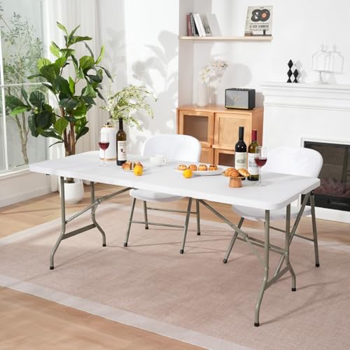 GlowitLian 6ft White Heavy-Duty Folding Picnic Table - 500lbs Capacity, Portable Indoor & Outdoor Event Table