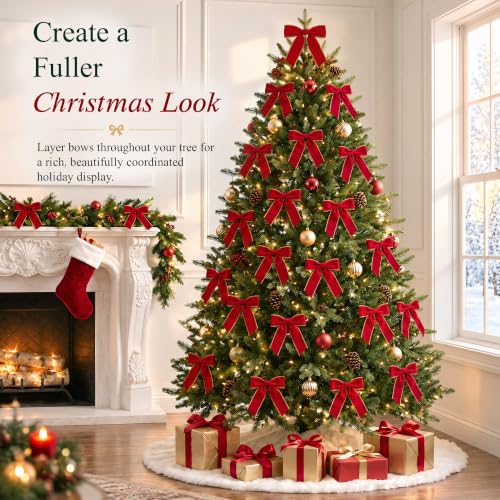 Ironraw 24 Pcs Red Velvet Christmas Bows with Gold Trim, 6x6.5 Inch Holiday Decor Set