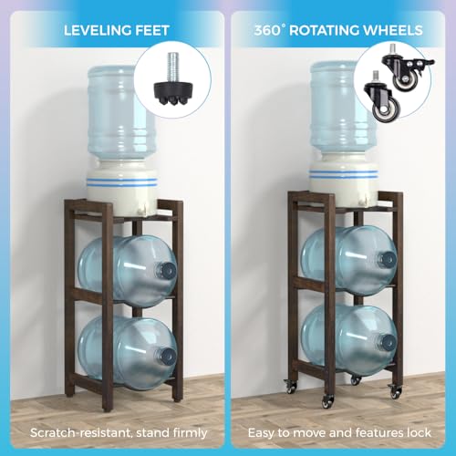 Walnut 3-Tier Water Jug Holder with Wheels & Adjustable Feet - Space-Saving Hardwood Stand