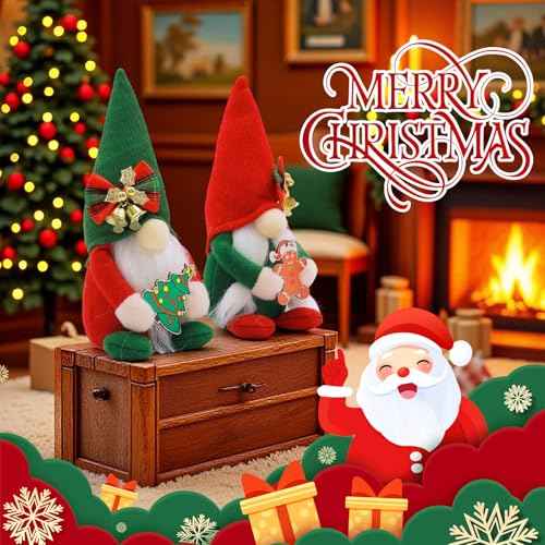 Set of 2 Christmas Gnomes Plush Decorations - Handmade Nordic Tomte Gnome Figures with Gingerbread & Tree Ornaments - Swedish Red Green Gnomes for Home, Office, and Holiday D?cor