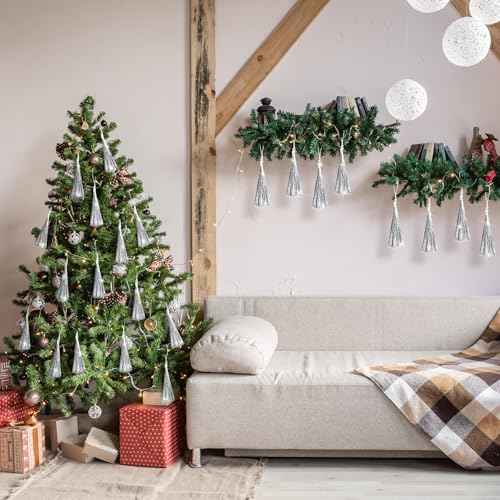 12 Pcs Christmas Tree Tinsel Tassel Ornament Metallic Icicles Tinsel Christmas Decorations Foil Fringe for Xmas Holiday Birthday Anniversary Engagement Party Supplies(Silver)