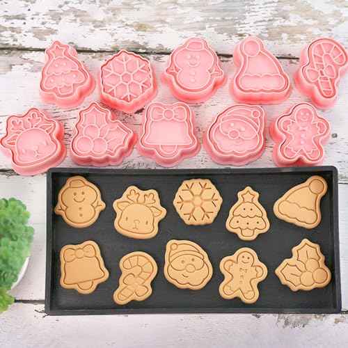 10 Piece Mini Christmas Cookie Cutters, 3d Raised Design Cookie Stamps, Mini Gingerbread, Snowflake, Snowman, Candy Baking Molds, Christmas Ornament Cookie Cutter Set(Christmas-1)