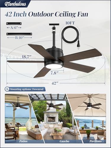 Black 42-Inch Outdoor Ceiling Fan with Light Waterproof IP65 & Remote