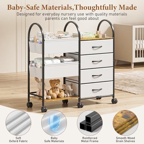 Nylaira Grey Baby Diaper Caddy Organizer Cart with Wheels - 4-Tier Nursery Storage