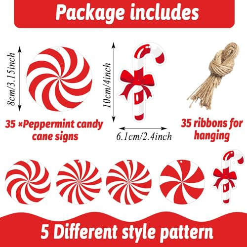 Wooden Peppermint Candy Cane Ornaments - 35-Pack Christmas Tree Decorations