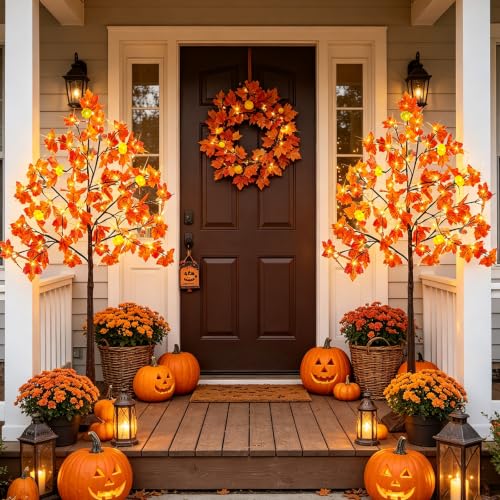 2 Pack 4ft Prelit Fall Maple Trees with Pumpkins & Acorns - Outdoor Indoor Decor