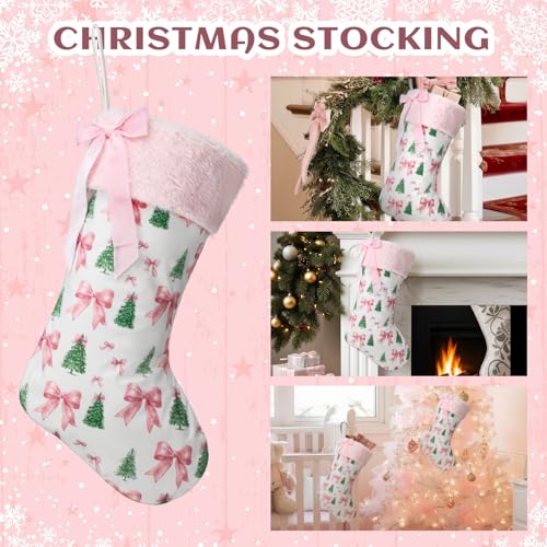Pink Bow 18-Inch Christmas Stocking with Faux Fur