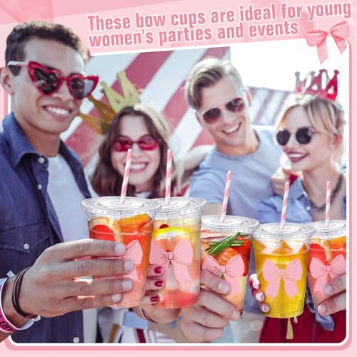 Sliner 16oz Pink Bow Plastic Cups with Straw - Pack of 25, Coquette Style