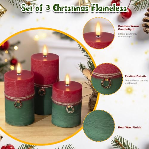 SEHNSY Red & Green Flameless Christmas Candles Set of 3 with Remote