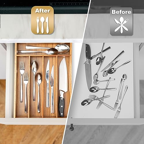 Silverware Organizer Tray - 5 Slots Acacia Wood Kitchen Drawer Storage - Flatware Holder
