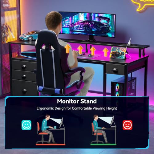 Furologee 60" Gaming Desk with 4 Drawers & LED Lights, Power Outlet,