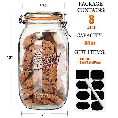 Anwoi 64oz Wide Mouth Glass Mason Jars with Airtight Lids - 3 Pack