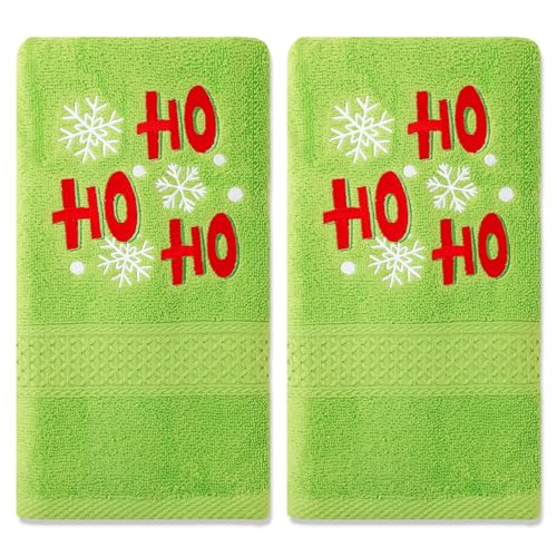 Green Christmas Hand Towels 2 Pack — Snowflake Embroidered Cotton, 29.5 x 13.8 in
