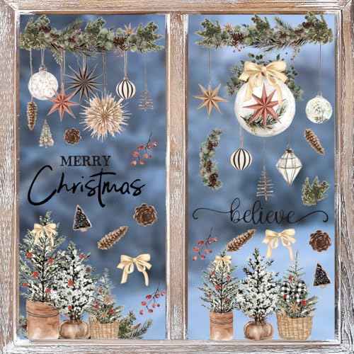 Horaldaily 45 PCS Christmas Window Cling Sticker, Brown Xmas Trees Ball Ornaments for Home Party Supplies Shop Window Glass Display Decoration