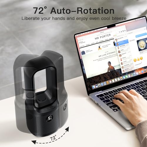 let'me Black Bladeless Desk Fan with Night Light, 5-Speed, 70° Oscillation, 9-Hour Timer