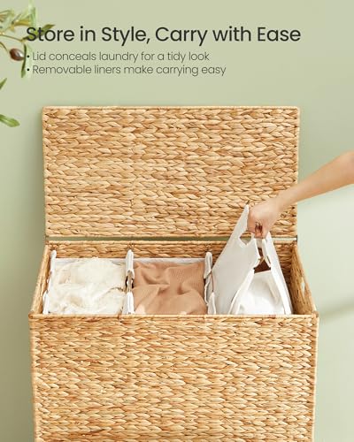 SONGMICS Natural Water Hyacinth Laundry Hamper with Lid 180L Wicker Basket, 3-Section Family Size