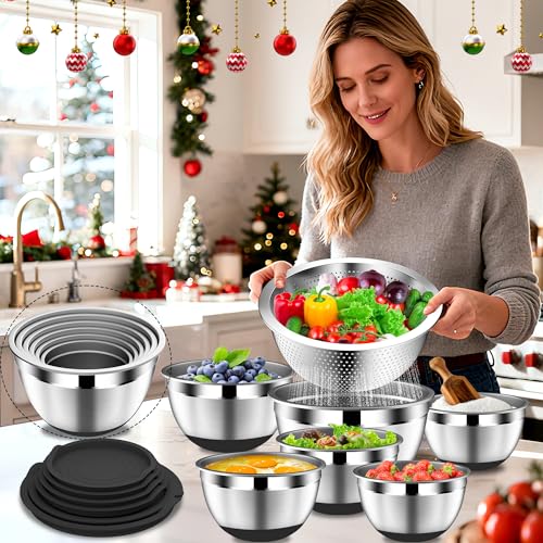 DUTZUN 16-Piece Stainless Steel Mixing Bowls Set with Lids & Colander - Non-Slip Base, 3 Graters, Nesting Design - Black