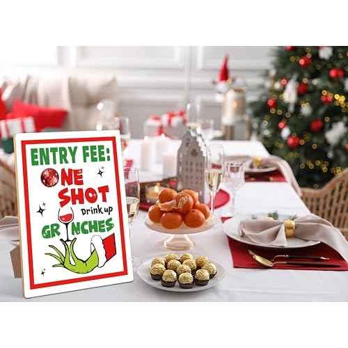Entry Fee One Shot Table sign - Christmas Party, Drink up Grinches for Christmas Holiday Party Decorations, 8¡¿11 Wooden Play Sign with Stand