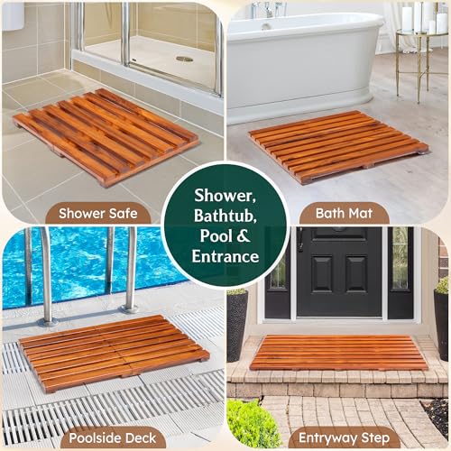 Realgulf 21x14 Inch Teak Shower Mat Non-Slip Solid Wood Bath Mat Foldable