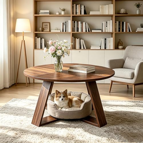 Round Coffee Table with Open Storage - Walnut Wood, Space-Saving Design