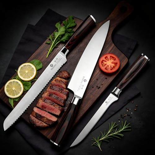 Imarku Pakkawood Brown 3-Piece Japanese Chef Knife Set with High Carbon Stainless Steel