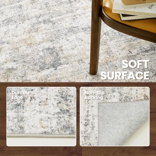 Grey Beige Washable Area Rug 9x12 for Living Room - Vintage Print, Non-Slip