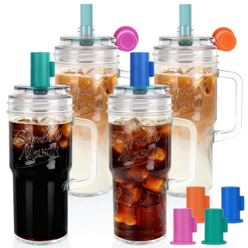 ANOTION Mason Jar Cups with Lids & Straws - Colorful Handle, 24oz Leakproof Glass Tumbler Set for Iced Coffee & Matcha, 4 Pack