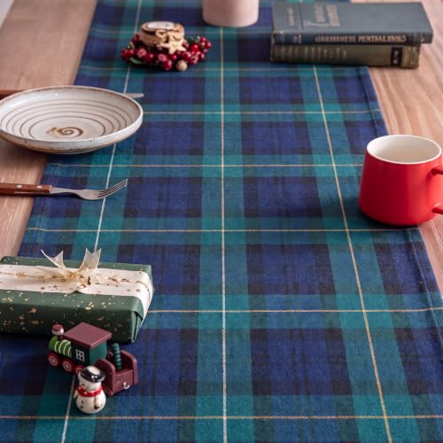 Remagr Blue Green Christmas Tartan Plaid Ruffle Table Runner Set 13x90 Inches, 3 Pieces