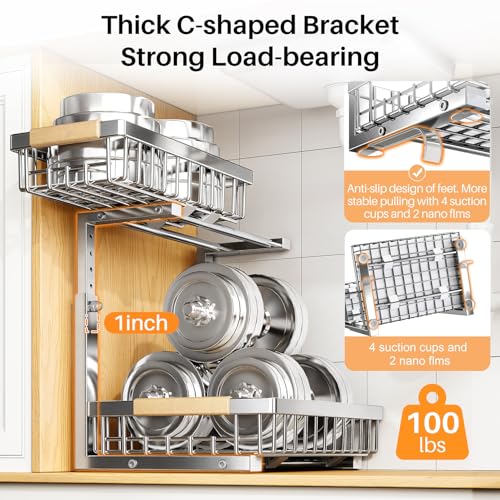 PXRACK Large Silver Under Sink Organizer 2-Tier Adjustable Pull-Out Cabinet Storage