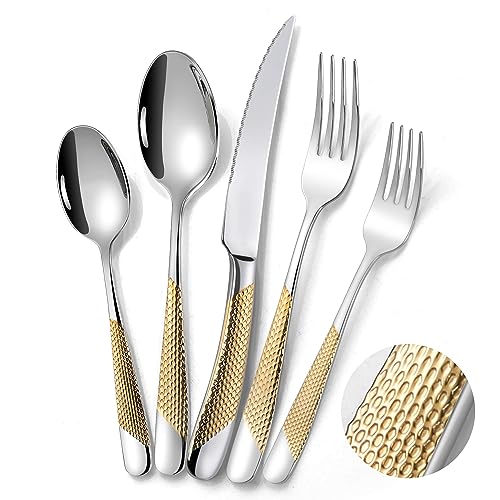 Hammered Silver Gold Flatware Set for 8 - 40-Piece Stainless Steel Cutlery with Serrated Knives