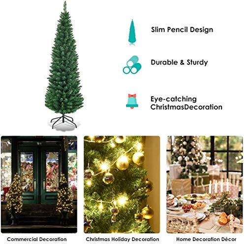 Giantex 5FT Green Artificial Pencil Christmas Tree with Metal Stand - Premium Slim Design