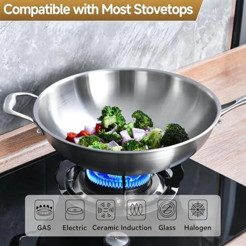 LOLYKITCH 13-Inch Stainless Steel Wok with Glass Lid and Detachable Handle