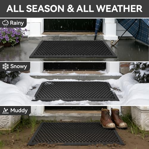 Black Rubber Front Door Mat 36x24 Inches Non Slip Outdoor Entrance Doormat - RESARE